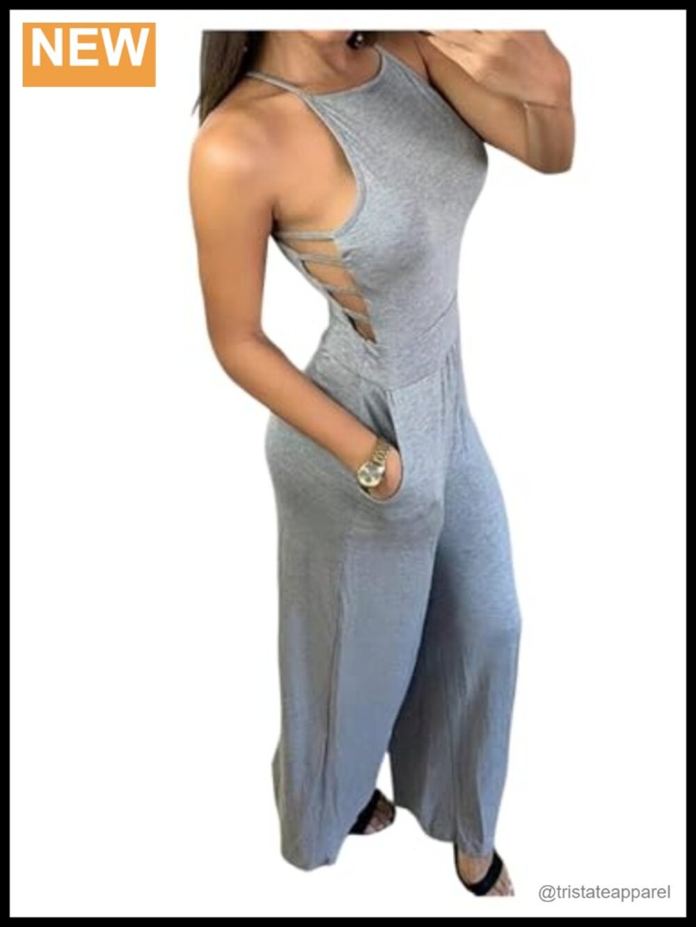 Women's Cut Out Side Wide Leg Jumpsuit Sleeveless Tie Back Pockets